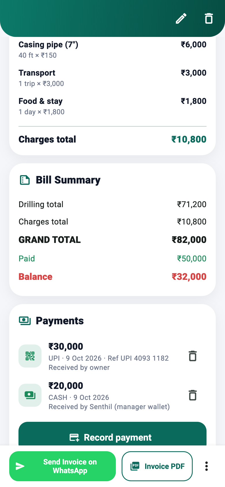 A borewell bill in the app